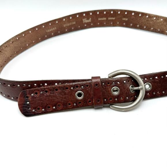 Fossil Brown Leather Boho Hippie Belt L 36-40 Tooled Flowers Studded Y2K Western